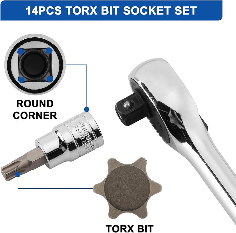 Mayouko 14PCS Torx Bit Socket Set, T6-T60, 1/4-Inch, 3/8-Inch and 1/2-Inch Drive, S2 and Cr-V Steel, Star Bits Socket Set - Image 4
